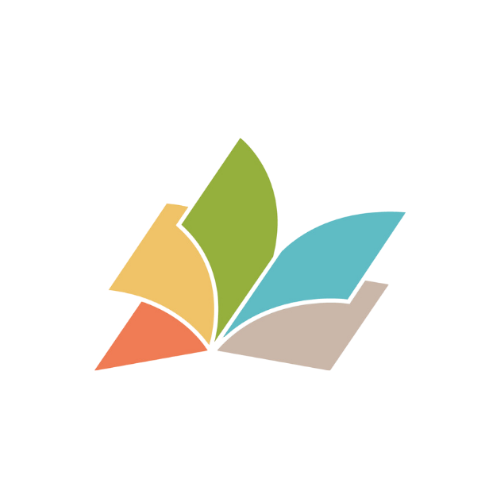 Logo pictures a open book with pages in various colors